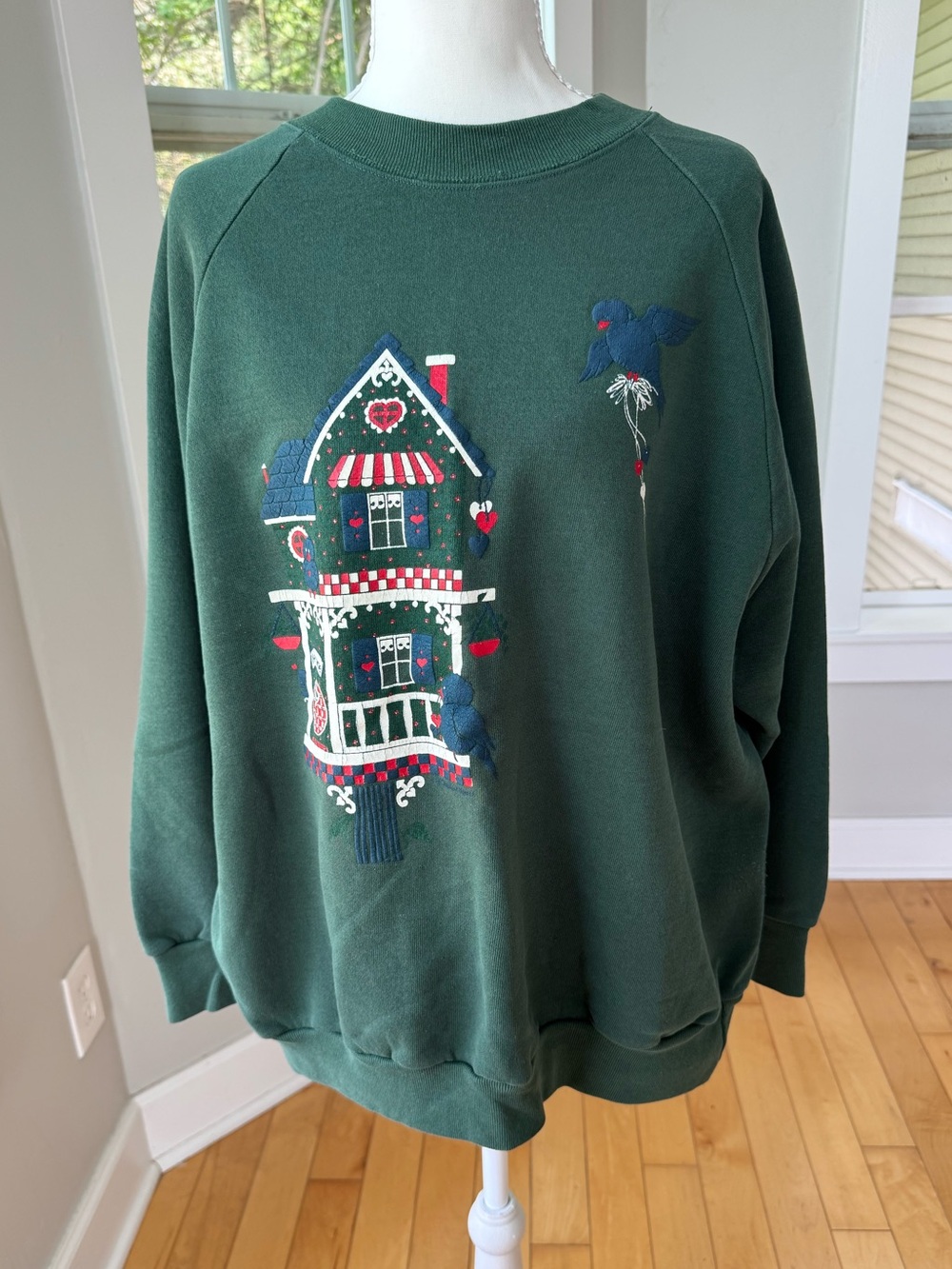 Vintage 90’s Forest Green Sweatshirt with House & Bird Puff Print Size 1X